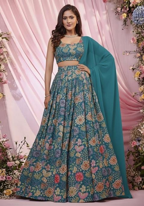 Teal Blue Floral Print Chinon Lehenga Set