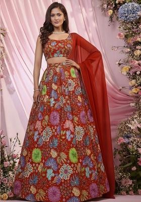 Red Floral Print Chinon Lehenga Set