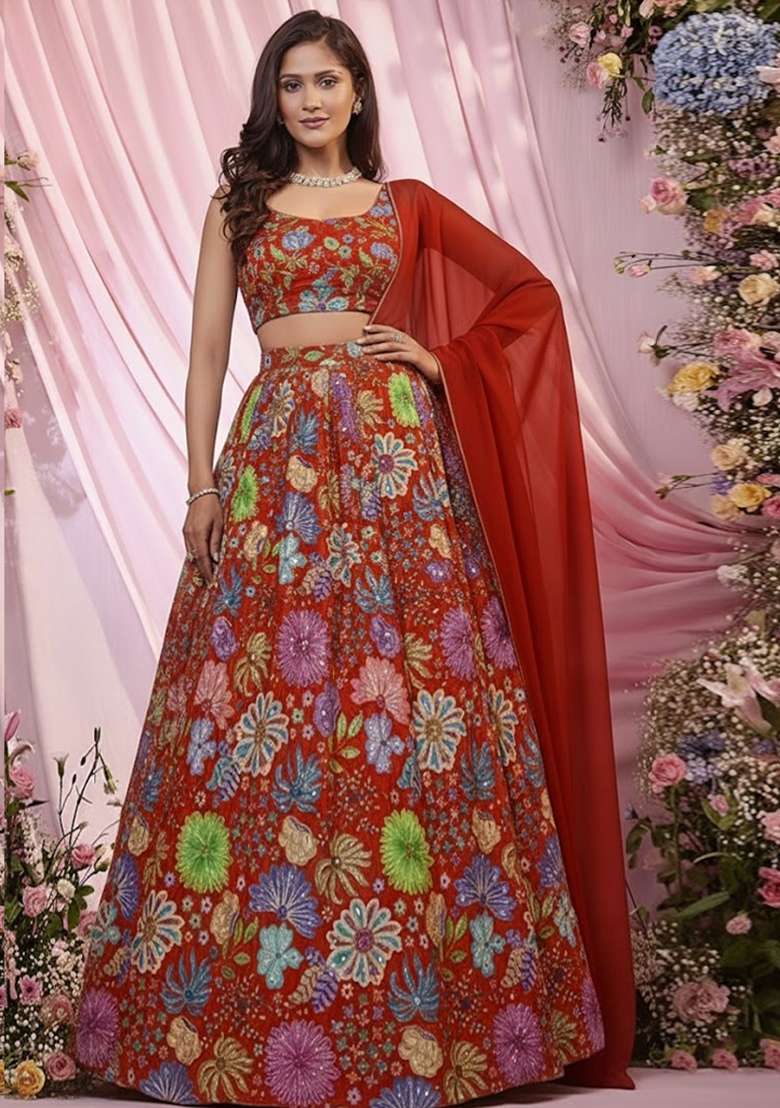 Red Floral Print Chinon Lehenga Set - Indya
