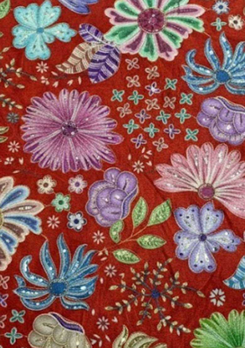 Red Floral Print Chinon Lehenga Set - Indya