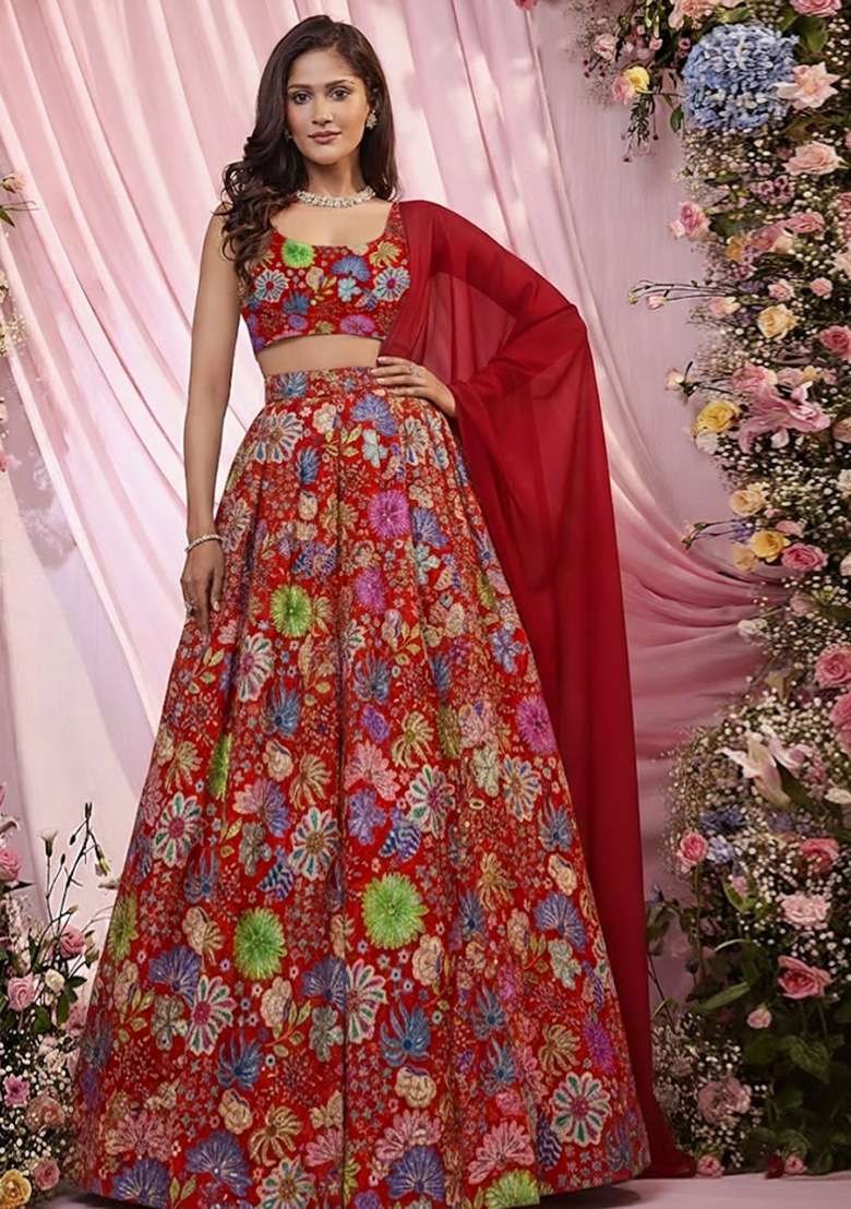 Deep Red Floral Print Chinon Lehenga Set for Diwali and Festive Wear - Indya