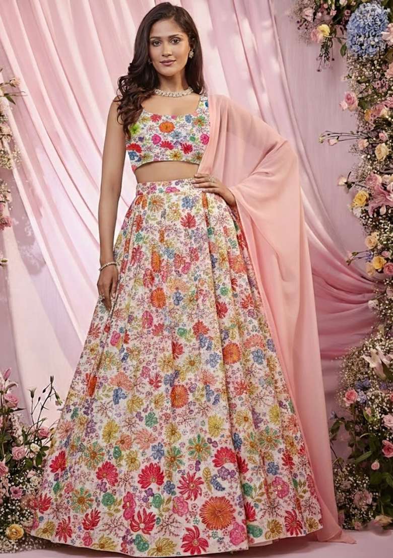 Ivory Chinon Lehenga Set with Floral Print for Diwali | Wedding & Festive Wear - Indya