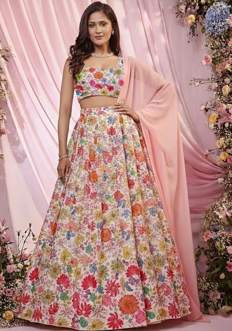 Ivory Floral Print Chinon Lehenga Set