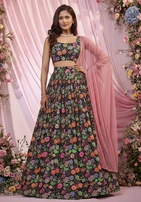 Black Floral Print Chinon Lehenga Set