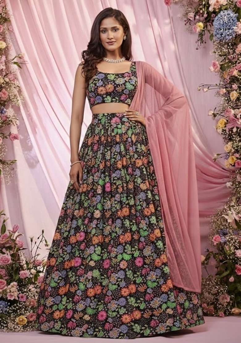 Black Floral Print Chinon Lehenga Set - Indya