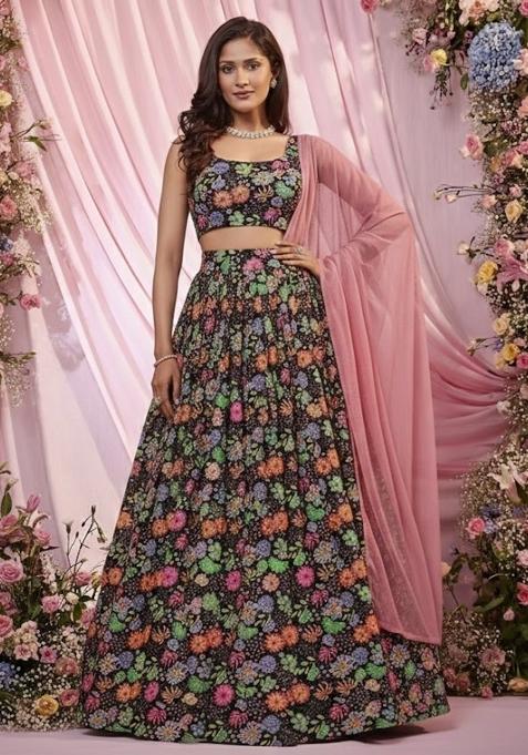 Black Floral Print Chinon Lehenga Set