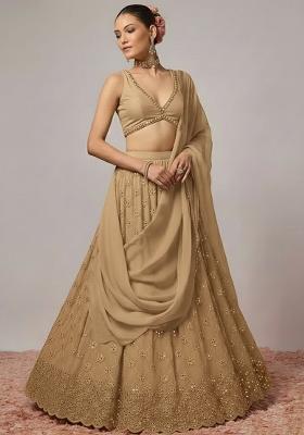 Beige Embroidered Georgette Lehenga Set