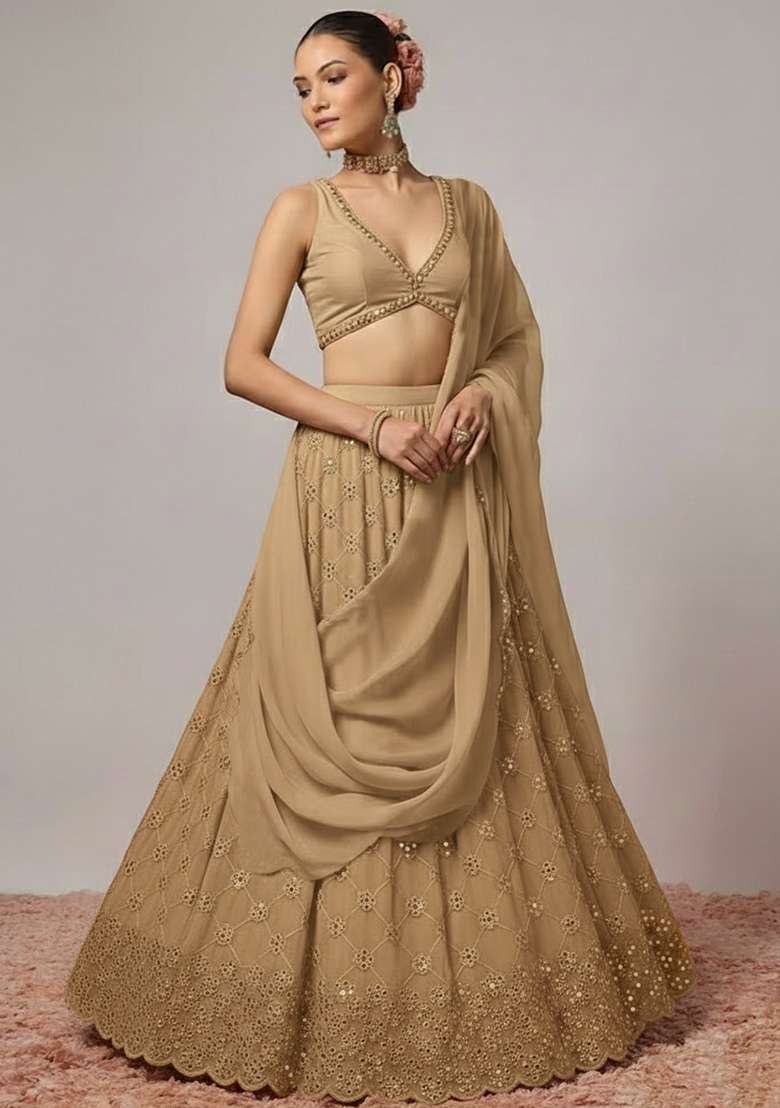 Beige Embroidered Georgette Lehenga Set - Indya