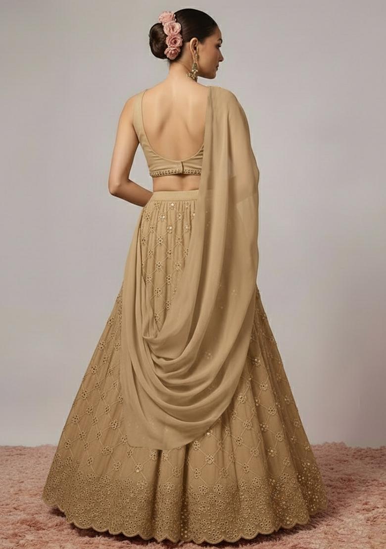 Beige Embroidered Georgette Lehenga Set - Indya
