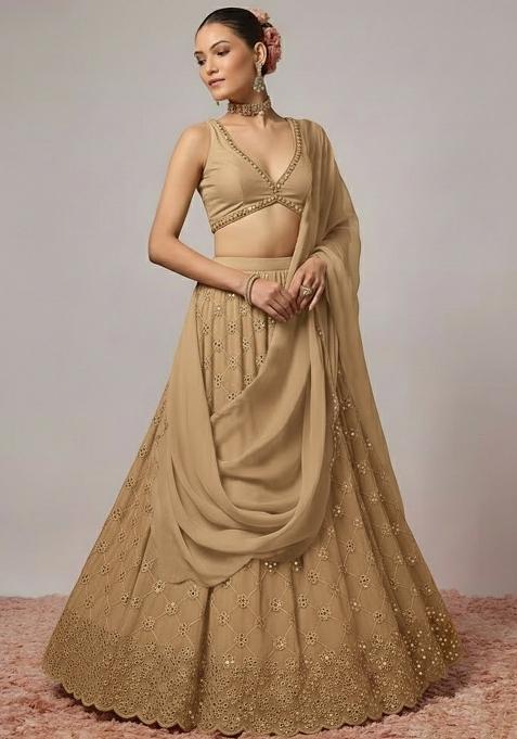 Beige Embroidered Georgette Lehenga Set