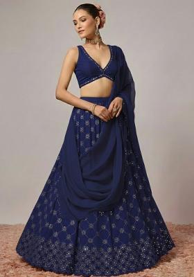 Navy Blue Embroidered Georgette Lehenga Set