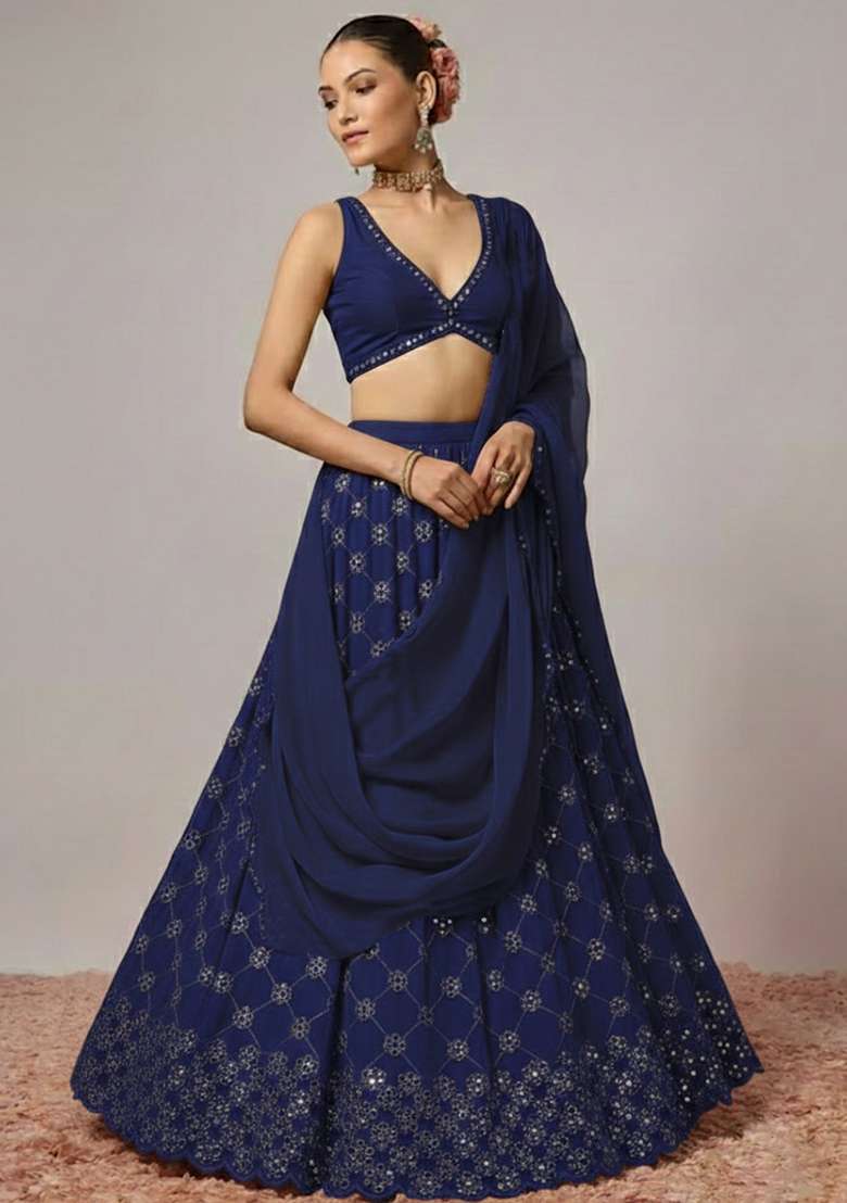 Navy Blue Embroidered Georgette Lehenga Set - Indya