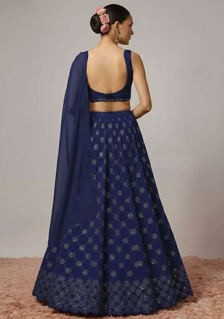 Navy Blue Embroidered Georgette Lehenga Set - Indya