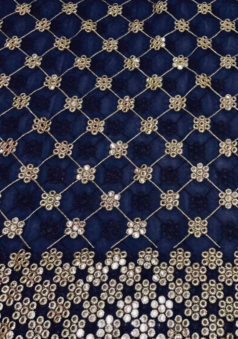 Navy Blue Embroidered Georgette Lehenga Set - Indya