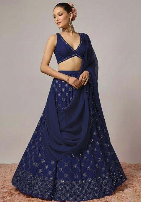 Navy Blue Embroidered Georgette Lehenga Set