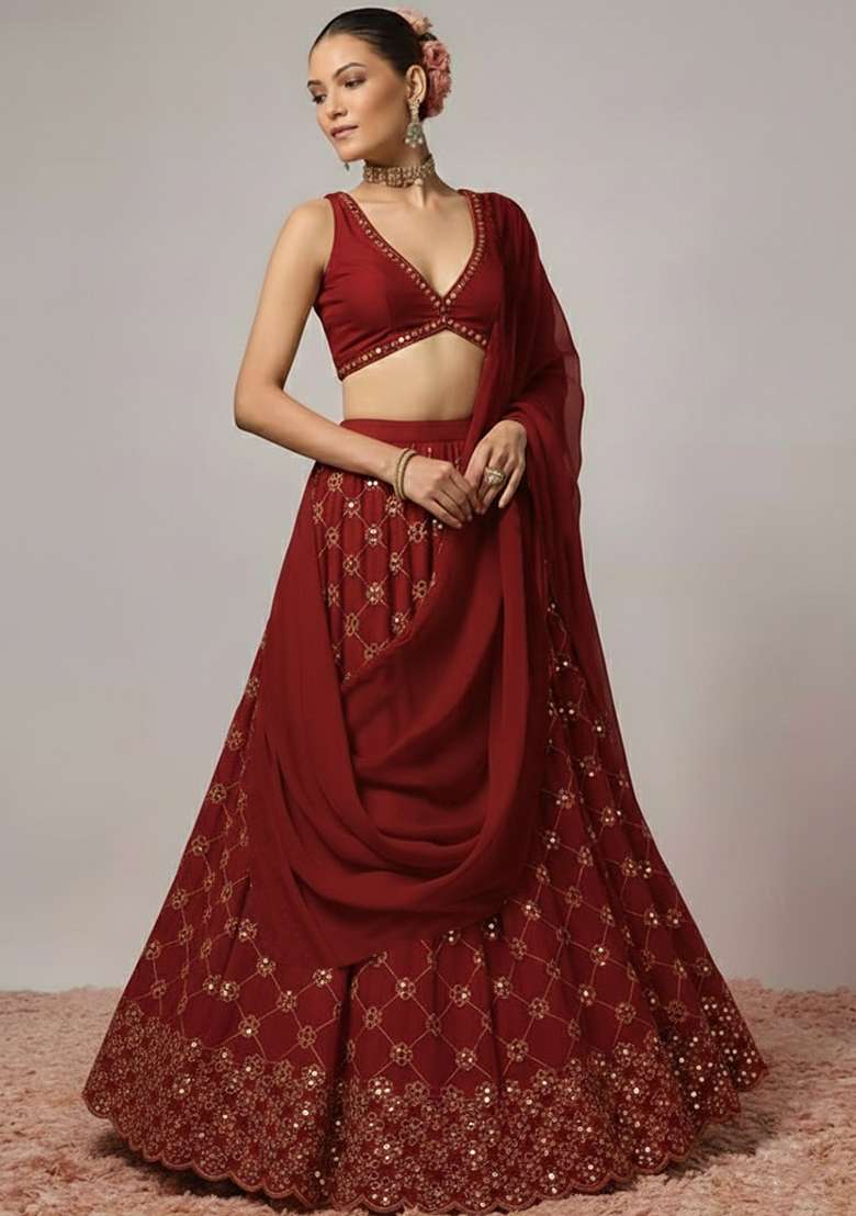 Maroon Embroidered Georgette Lehenga Set - Indya