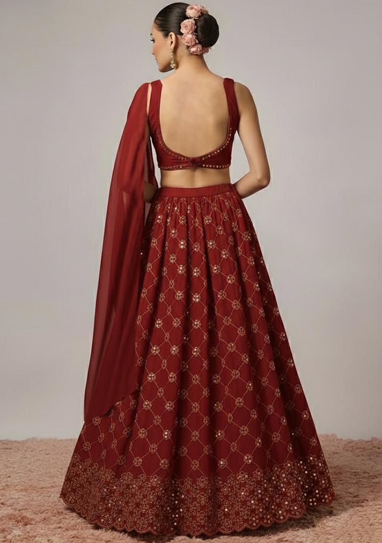 Maroon Embroidered Georgette Lehenga Set - Indya
