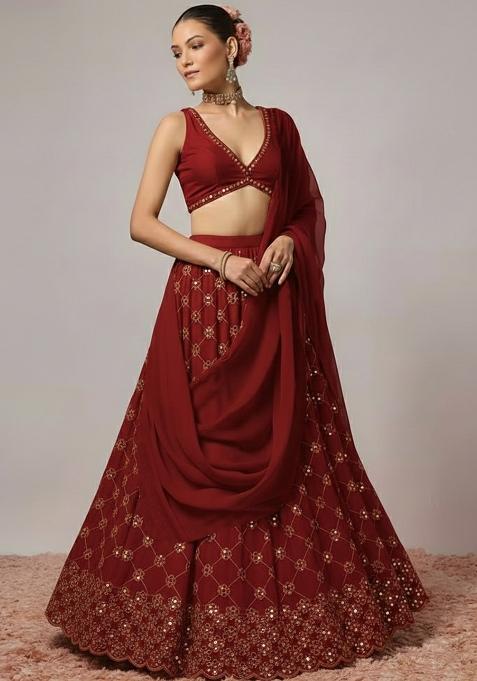 Maroon Embroidered Georgette Lehenga Set