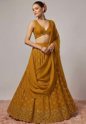 Mustard Embroidered Georgette Lehenga Set