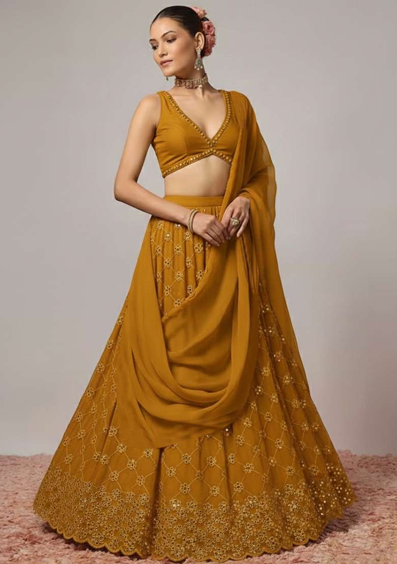 Mustard Embroidered Georgette Lehenga Set - Indya