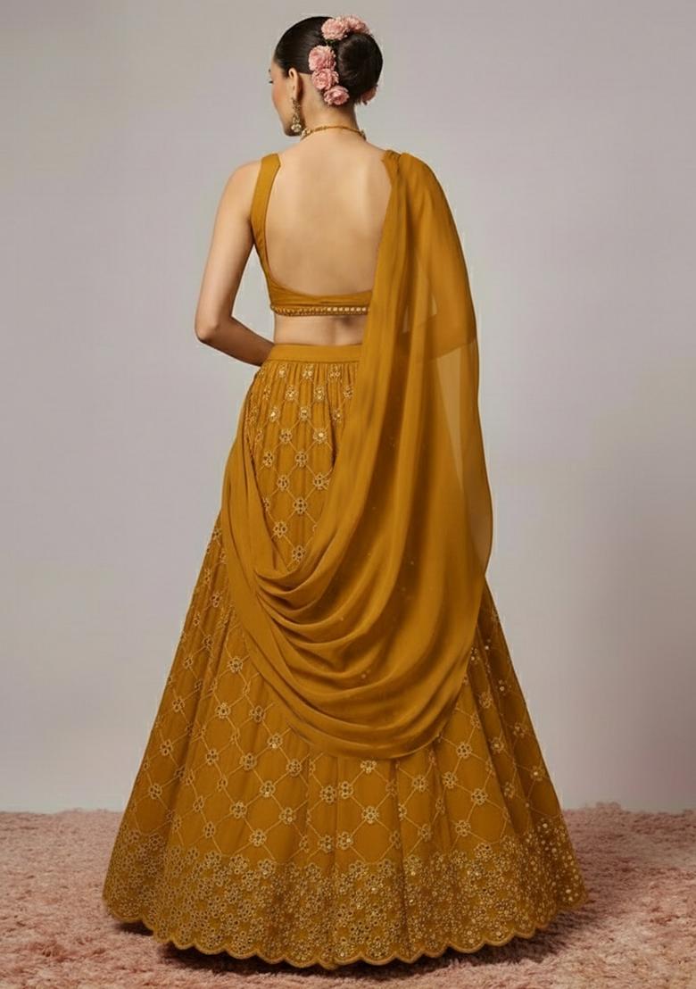 Mustard Embroidered Georgette Lehenga Set - Indya