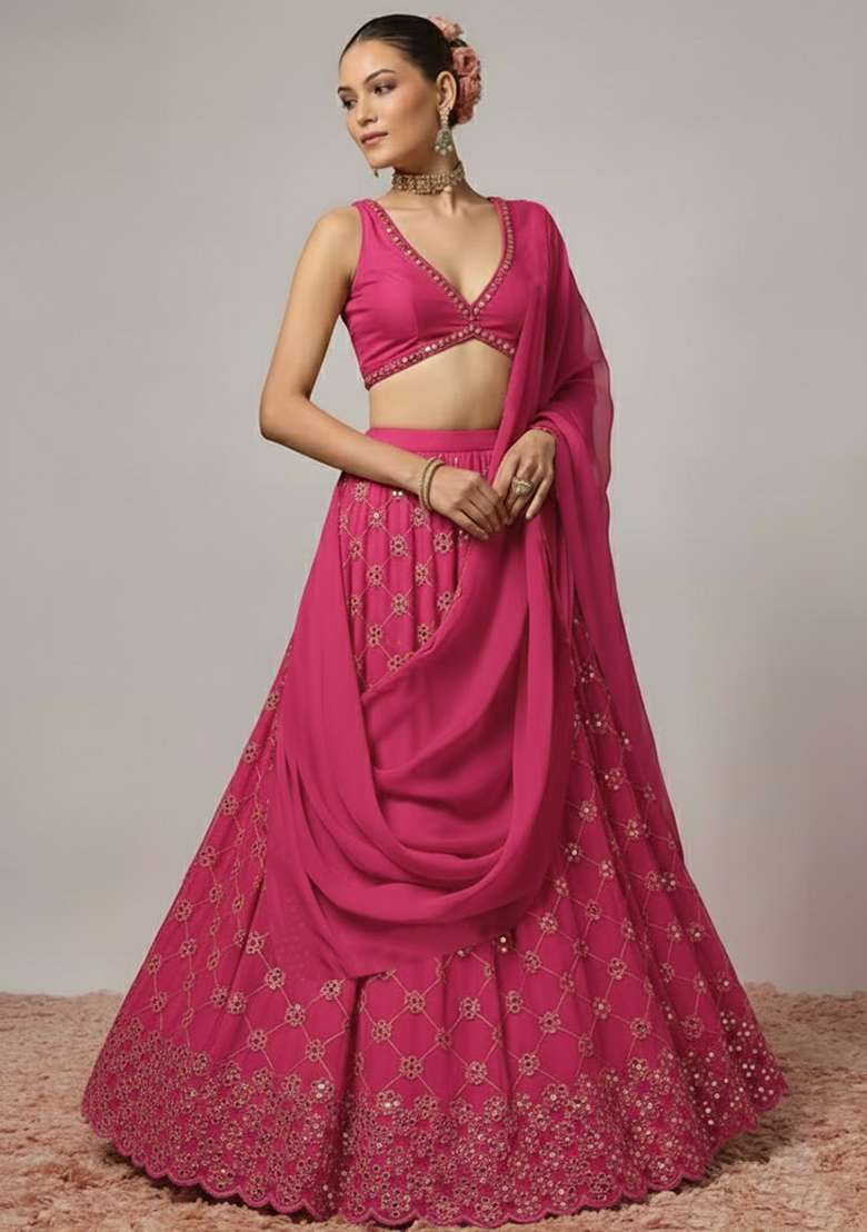 Rani Pink Embroidered Georgette Lehenga Set - Indya