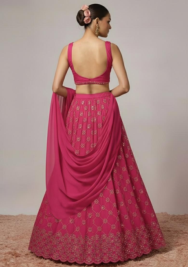 Rani Pink Embroidered Georgette Lehenga Set - Indya