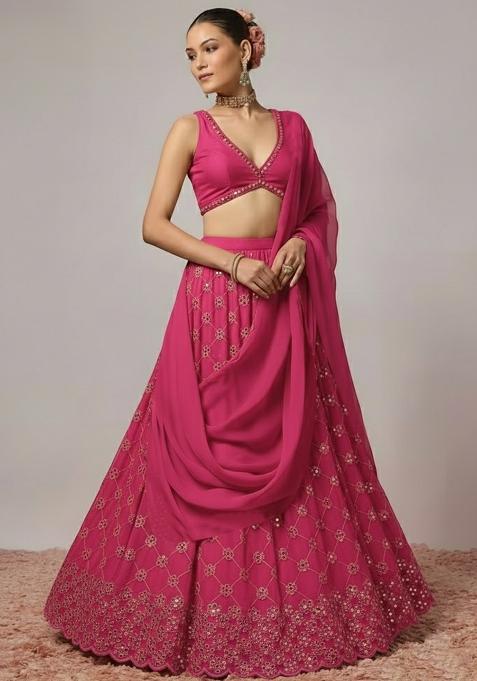 Rani Pink Embroidered Georgette Lehenga Set