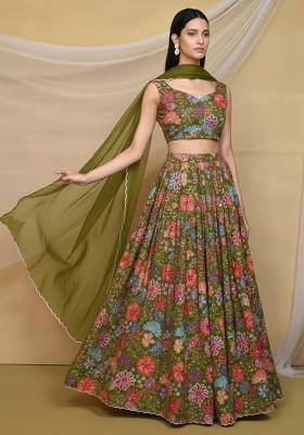 Olive Green Floral Print Chinon Lehenga Set