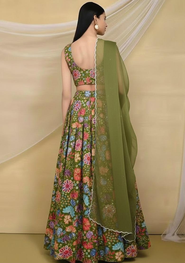 Olive Green Floral Print Chinon Lehenga Set - Indya