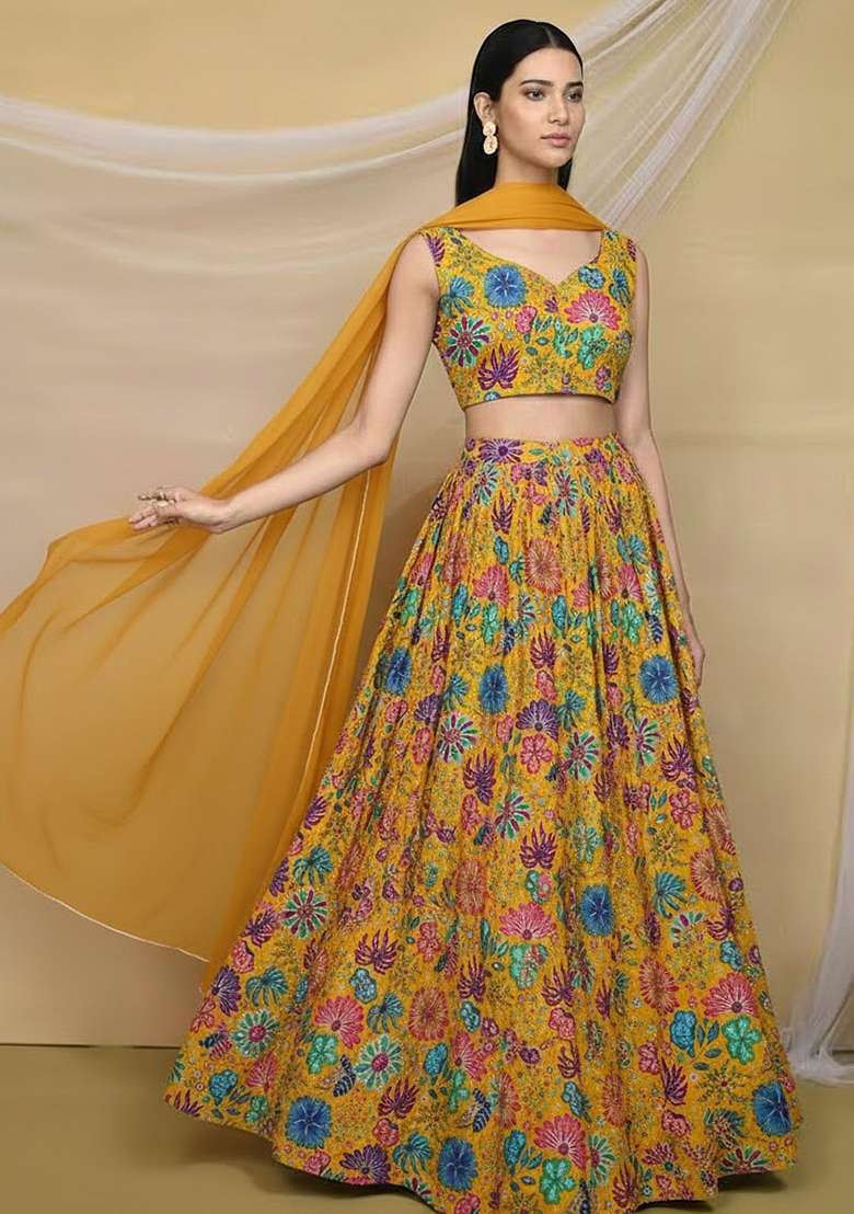 Mustard Floral Print Chinon Lehenga Set for Diwali and Festive Wear - Indya