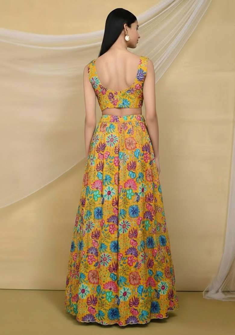 Mustard Floral Print Chinon Lehenga Set for Diwali and Festive Wear - Indya