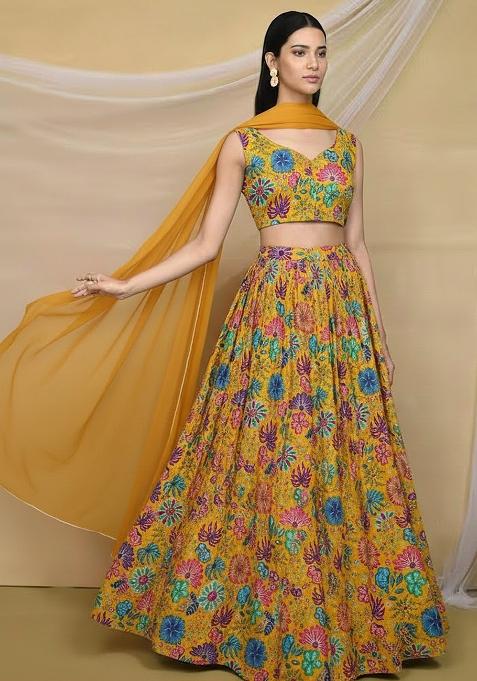 Mustard Floral Print Chinon Lehenga Set