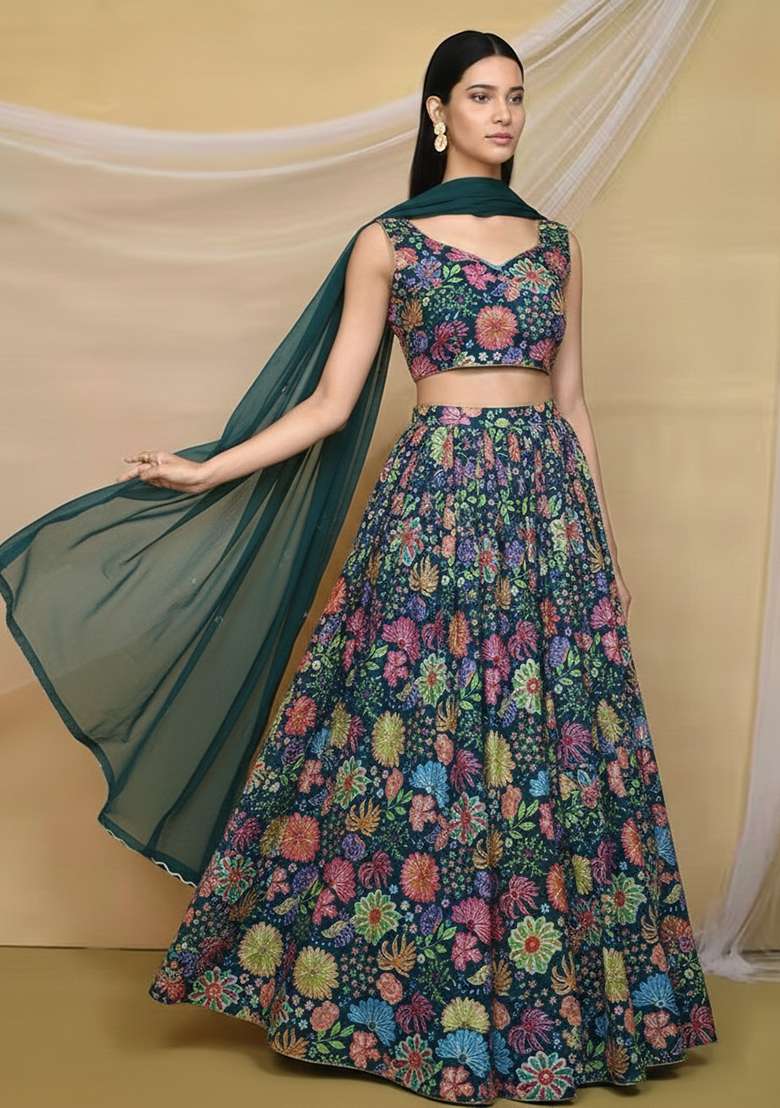 Emerald Green Chinon Lehenga Set with Floral Print for Diwali | Wedding & Festive Wear - Indya