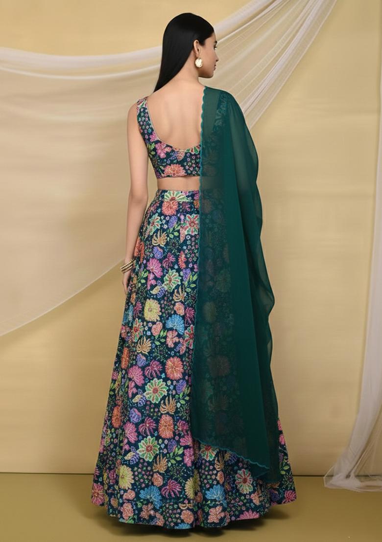 Emerald Green Floral Print Chinon Lehenga Set - Indya