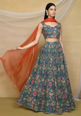 Teal Blue Floral Print Chinon Lehenga Set