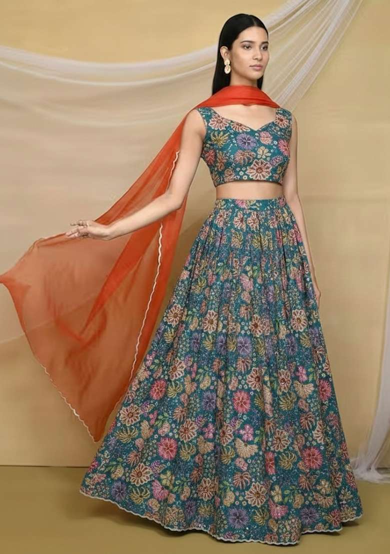 Teal Blue Chinon Lehenga Set with Floral Print for Diwali | Wedding & Festive Wear - Indya