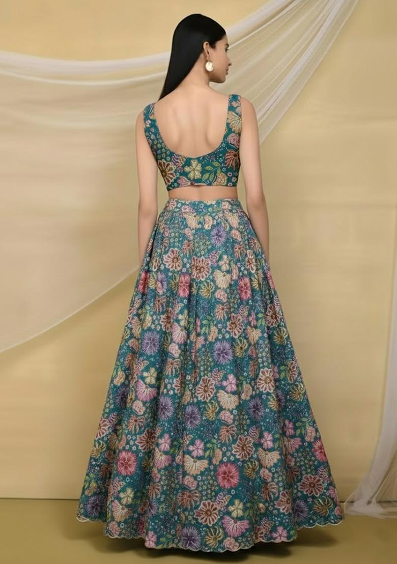 Teal Blue Floral Print Chinon Lehenga Set - Indya