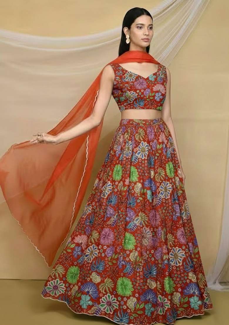 Rust Floral Print Chinon Lehenga Set - Indya