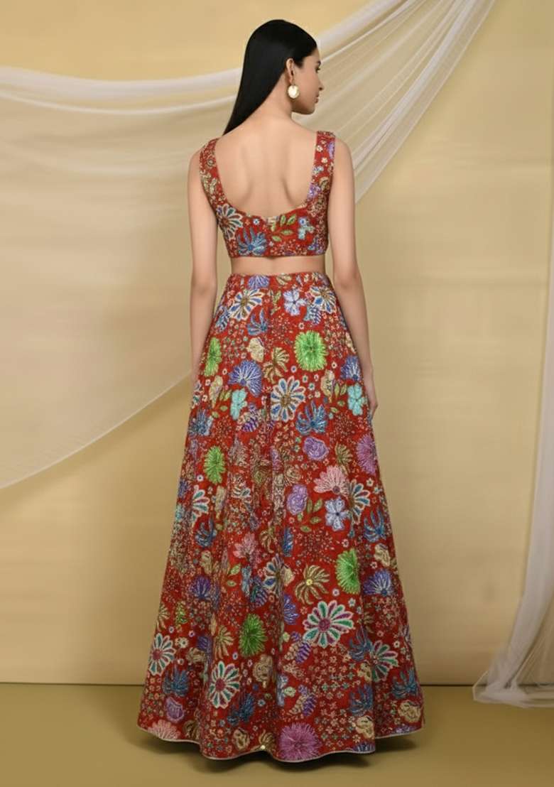 Rust Floral Print Chinon Lehenga Set - Indya