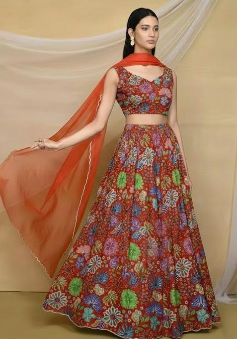 Rust Floral Print Chinon Lehenga Set