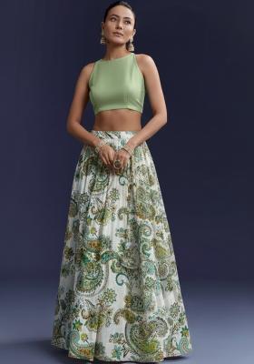 Mint Green Floral Print Georgette Lehenga Set