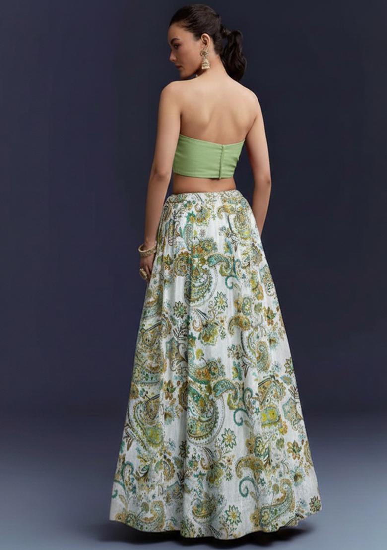 Mint Green Floral Print Georgette Lehenga Set - Indya