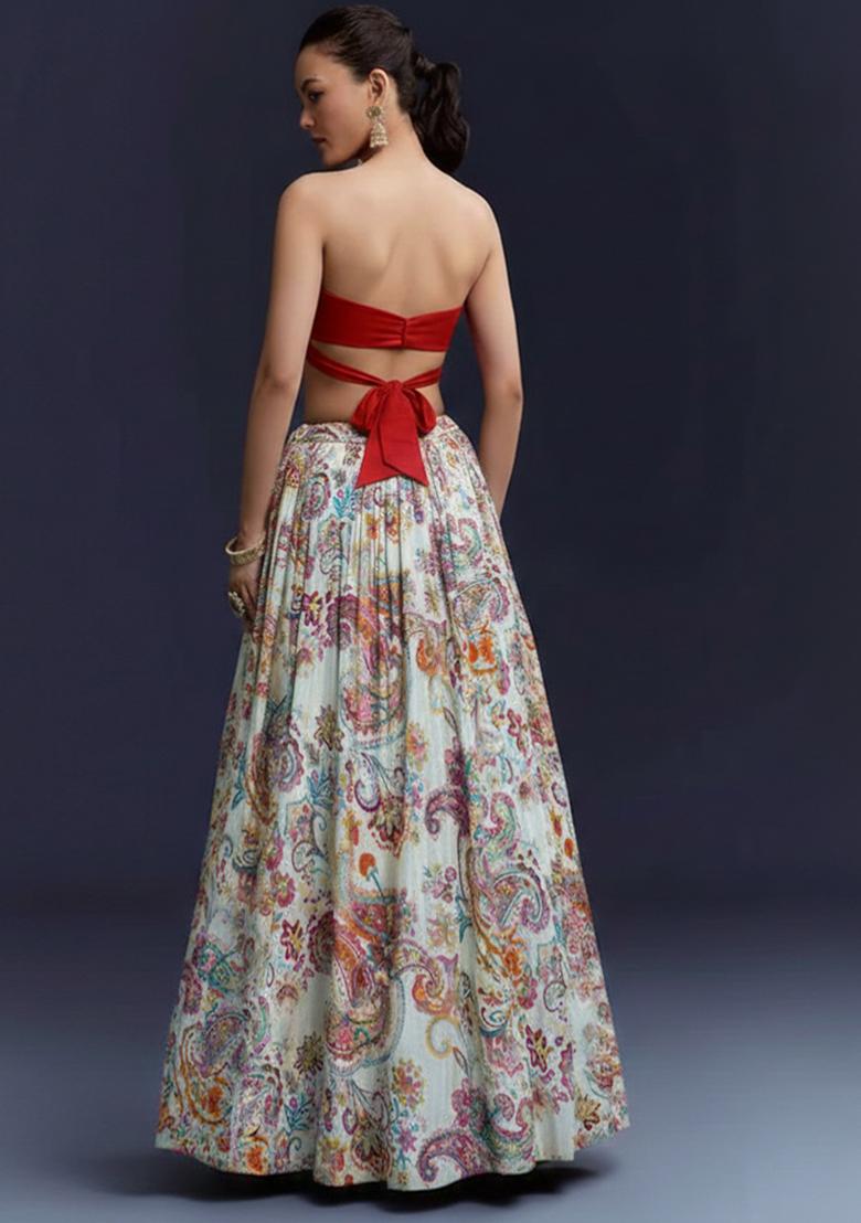 Red Floral Print Georgette Lehenga Set - Indya
