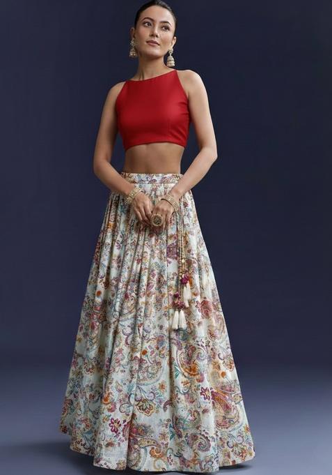 Red Floral Print Georgette Lehenga Set