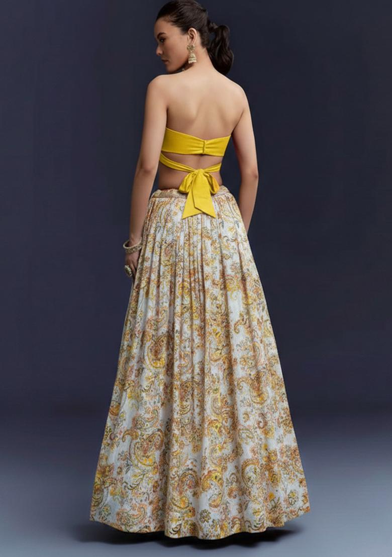 Yellow Floral Print Georgette Lehenga Set - Indya