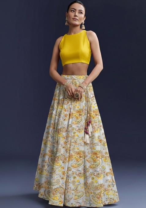 Yellow Floral Print Georgette Lehenga Set