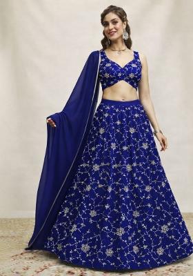 Royal Blue Embroidered Silk Lehenga Set