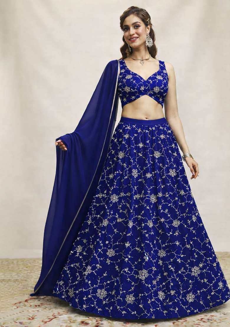 Royal Blue Embroidered Silk Lehenga Set - Indya