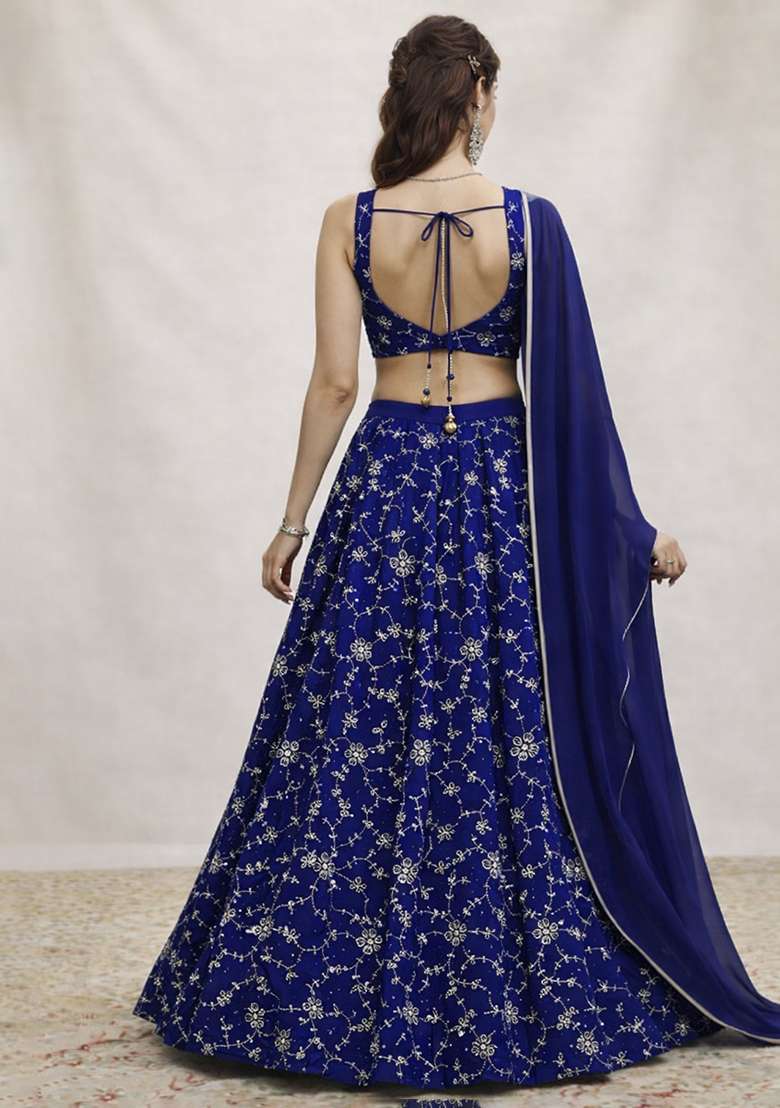 Royal Blue Embroidered Silk Lehenga Set - Indya